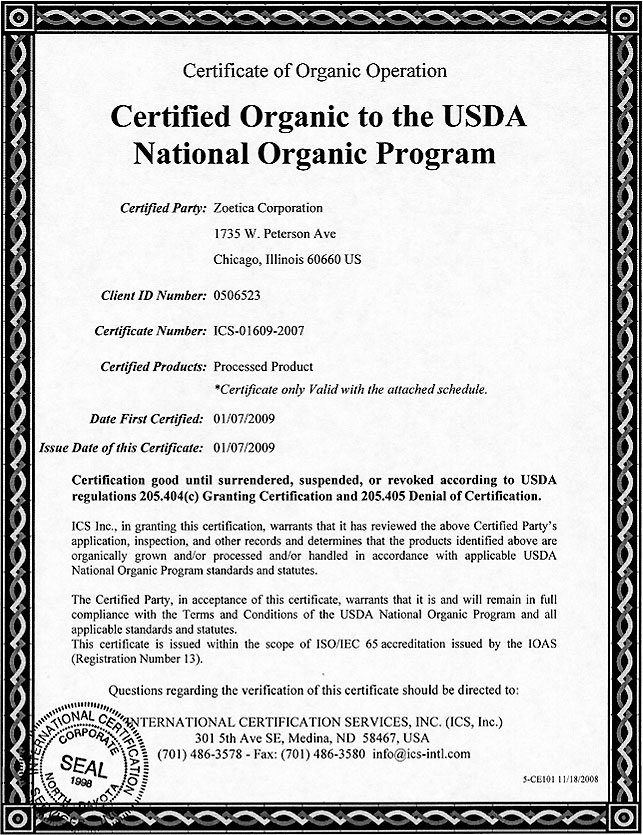 Certified Organic Certificate